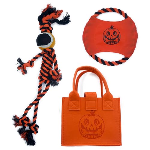 PETONA Halloween Hund Seil Spielzeug, Hund Fliegende Platte, Hund Zerrspielzeug Hund Seil Spielzeug mit Ball Spielzeug Aufbewahrungstasche Set Geschenkbox für Haustiere 3 Pack von PETONA