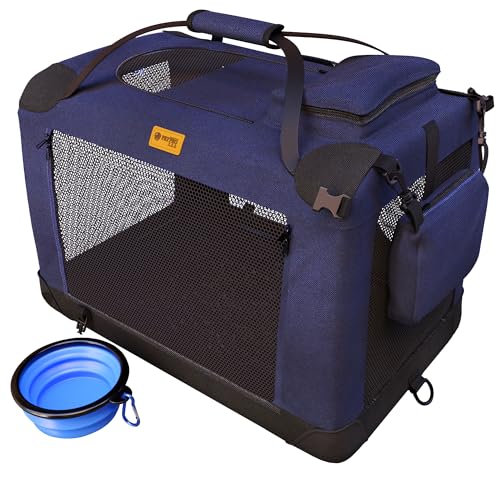 PETPROVED PetProved Hunde-Reisebox, Hundetransportbox, Haustiertransportbox für Hunde, mittelgroße Hunde-Autobox, zusammenklappbare Hundebox, Faltbare Boxen für Autos, Marineblau von PETPROVED