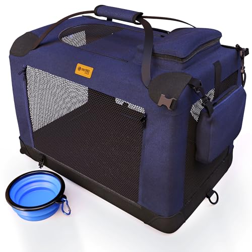 Dog Travel Crate Dog Carrier Pet Carriers for Dogs Small Dog Car Crate Carrier Collapsible Dog Crate Foldable Crates for Cars Travel Carriers Haustier-Tragetasche L (Blau 70 x 52 x 52 cm) von PETPROVED