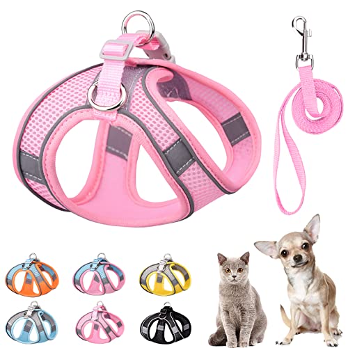 PETPUBGNZS Weiches kleines Hundegeschirr und Leine, Set, Step in Air Mesh Welpengeschirr Leash Easy Walk Hundegeschirr Weste Verstellbar Reflektierend No Pull Hundegeschirr für kleine Hunde Katzen (Rosa, M) von PETPUBGNZS