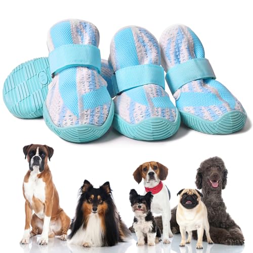 PETQYS Hundeschuhe, atmungsaktive Netz-Hundeschuhe zum Spazierengehen, Laufen, Wandern, weiche, rutschfeste, robuste Gummisohle, Hundestiefel mit verstellbaren Riemen, 4 Stück, Blau, Größe 42 von PETQYS