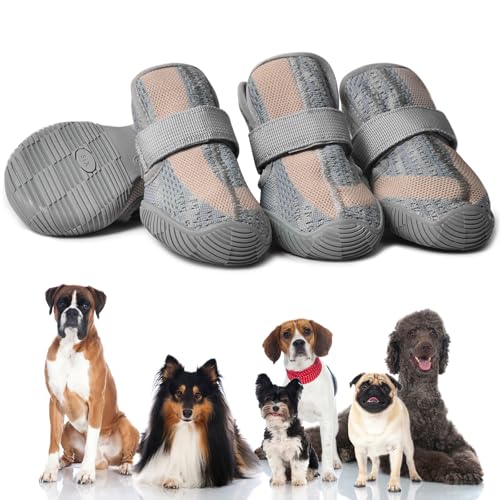 PETQYS Hundeschuhe, atmungsaktive Netz-Hundeschuhe zum Spazierengehen, Laufen, Wandern, weiche, rutschfeste, robuste Gummisohle, Hundestiefel mit verstellbaren Riemen, 4 Stück, Grau, Größe 1 von PETQYS