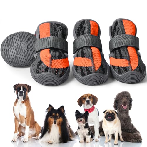 PETQYS Hundeschuhe, atmungsaktive Netz-Hundeschuhe zum Spazierengehen, Laufen, Wandern, weiche, rutschfeste, robuste Gummisohle, Hundestiefel mit verstellbaren Riemen, 4 Stück, Orange, Größe 8 von PETQYS