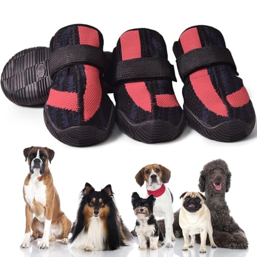 PETQYS Hundeschuhe, atmungsaktive Netz-Hundeschuhe zum Spazierengehen, Laufen, Wandern, weiche, rutschfeste, robuste Gummisohle, Hundestiefel mit verstellbaren Riemen, 4 Stück, Schwarz, Größe 1 von PETQYS