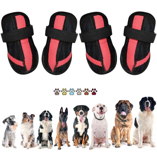 PETQYS Hundeschuhe, atmungsaktive Netz-Hundeschuhe zum Spazierengehen, Laufen, Wandern, weiche, rutschfeste, robuste Gummisohle, Hundestiefel mit verstellbaren Riemen, 4 Stück, Schwarz, Größe 6 von PETQYS