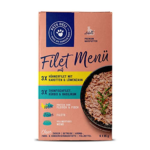 Pets Deli Filet Menü Multipack Nassfutter für Katzen mit Hühnerfilet und Thunfischfilet ohne Gluten und Zucker 6 x 85g von Pets Deli