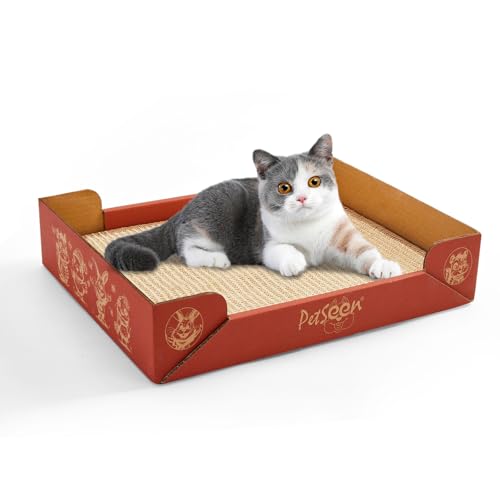 Katzenkratzbrett, Wellpappe mit Sisal-Pad, 3 in 1 Katzenkratzbrett mit Box, Kratzboxen aus Karton für große Katzen, Katzenkratzer für Indoor-Katzen mit Spielzeug von PETSEEN