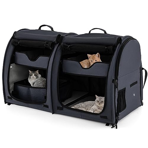 PETSITE 101,6 cm Katzentrage mit Doppelfächern, tragbare Haustierhütte mit 2 abnehmbaren Hängematten, Doppelnutzungsmatten & Katzentoilette, weiche Seiten, Katzen-Hundebox mit Tragetasche und von PETSITE