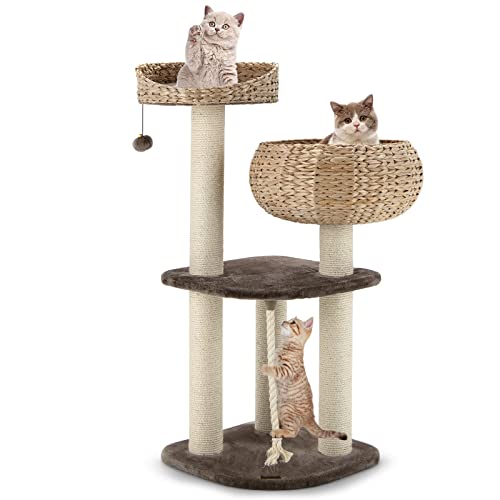 PETSITE 104,1 cm hoher moderner Katzenbaum-Turm, Rattan-Katzen-Aktivitätsbaum mit Sitzstange, Kratzstämmen und abnehmbaren Kissen, mehrschichtiger Katzenturm für Indoor-Katzen von PETSITE