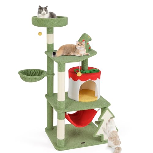 PETSITE 132,1 cm Weihnachts-Katzenbaum, mehrstöckiger Katzenturm mit Sisal-Kratzstämmen und Brett, Katzenhütte, Korbbett und abnehmbare Hängematte, niedlicher Katzenbaum für Indoor-Katzen von PETSITE