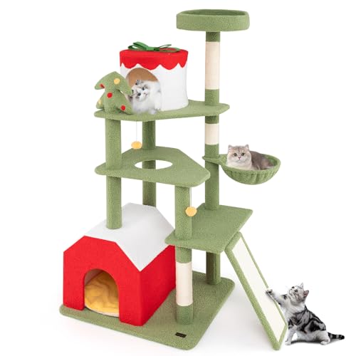 PETSITE 154.9 cm Weihnachten Thema Katzenbaum Mehrstöckiger Katzenturm mit Sisal-Kratzbäumen 2 Katzenhütten Korb Bett Sisal überzogene Leiter Niedlicher Katzenbaum für Indoor-Katzen von PETSITE