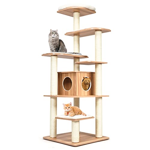 PETSITE 175,3 cm großer Kratzbaum aus Holz für Indoor-Katzen, großer Anti-Kipp-Katzenturm, Condo-Haus, moderne Aktivitätsbäume mit abnehmbaren Kissen & Kratzbaum von PETSITE