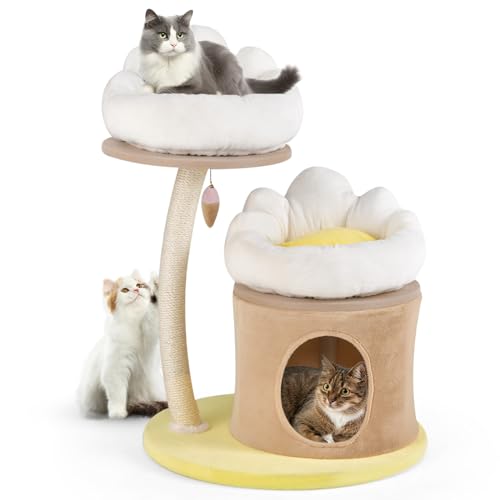 PETSITE 33 Zoll Niedlicher Katzenbaum, Moderner Katzenturm mit Sisal-Kratzbaum, Katzenhütte, Interaktives Teasing-Spielzeug, 2 abnehmbare und waschbare obere Sitzstangen, Kleiner Katzenbaum für von PETSITE