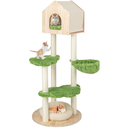 PETSITE 55 Zoll Hoher Katzenbaum, Mehrstöckiger Moderner Katzenturm mit Sisal-Kratzstämmen, Katzenhütte, Seitliche Katzenhängematte und Katzenbett, Holz-Katzenbaumturm für Indoor-Katzen von PETSITE