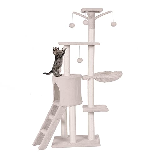 PETSITE 56 Zoll Katzenbaum für Indoor-Katzen, mehrstöckiger Katzenturm mit Sisal-Kratzbäumen und Leiter, hoher Katzenbaum mit oberer Sitzstange, Hängematte, Katzenkondo & Sprungplattformen für Katzen von PETSITE