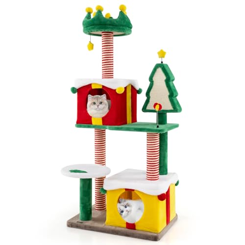 PETSITE 61 Zoll Weihnachten Thema Katzenbaum Mehrstöckiger Katzenturm mit Sisal-Kratzstämmen, 2 Geschenkbox-förmige Katzenhütten, Hängender Teasing-Ball und Frühlingsspielzeug, niedlicher von PETSITE