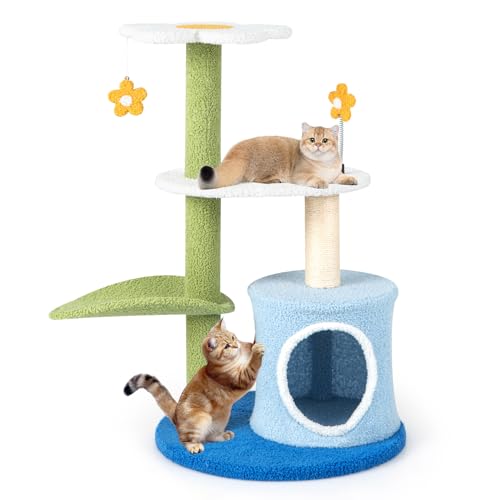 PETSITE 87,6 cm niedlicher Katzenbaum, Blumen-Katzenbaum mit Sisal-Kratzbaum, Plüsch-Top-Sitzstange, Katzenhütte, Flauschiger Frühlingsball & Jingling-Ball, Kleiner Katzenbaum für Indoor-Katzen von PETSITE