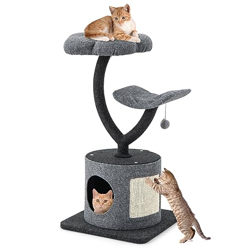 PETSITE 88,9 cm Katzenbaum für Indoor-Katzen, 3-stöckiger Katzenturm mit Sisalüberzogenem Kratzbrett, Blumenförmige Sitzstange, Gebogene Sitzstange, Private Höhle, Jinglingling-Ball, Blumenkatzenbaum von PETSITE