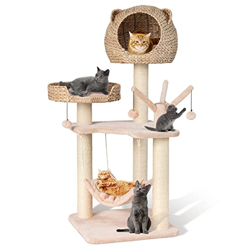 PETSITE Gewebter Katzenbaum, moderner Katzenturm mit Hängematte & Kratzstämmen, Cattail Condo & Top Sitzstange, Katzenaktivitätsbaum für Indoor-Katzen von PETSITE