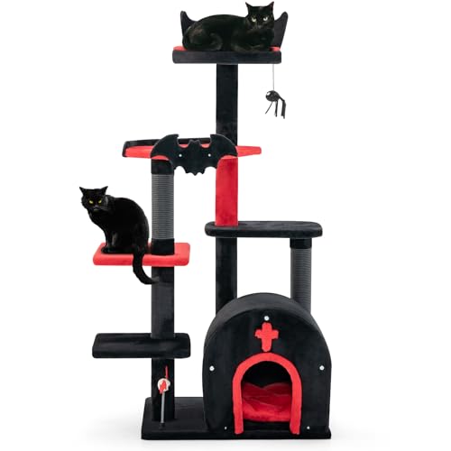 PETSITE Gothic Katzenbaum, 53 Zoll Mehrstufiger Katzenturm mit Kratzstämmen, Katzenbett, Bogenförmige Höhle, Pompon und Federbälle, Goth Katzenbaum für Indoor Katzen Groß von PETSITE