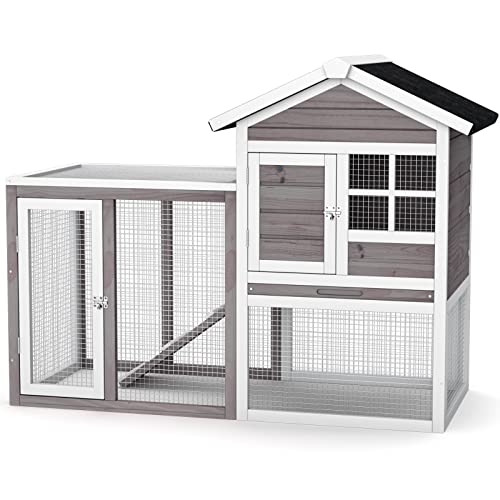 PETSITE Kaninchenstall 123,2 cm Holz Hühnerstall mit Dach & Tablett Hasenkäfig Indoor Outdoor Meerschweinchen Haustierhaus für Kleintiere Grau von PETSITE