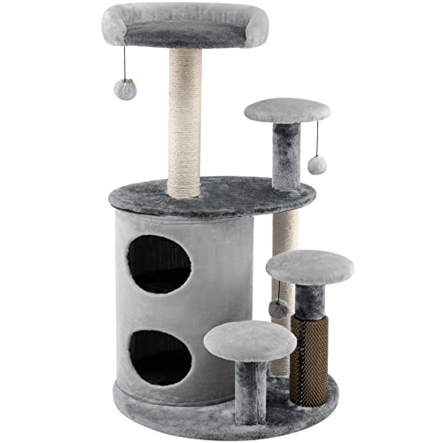 PETSITE Katzenbaum für Indoor-Katzen, mehrstufiger Katzenturm mit 2 Höhlen, Kratzbäumen & Selbstpflege, moderner Katzenbaum für große Katzen, 9 kg, strapazierfähig, 101,6 cm, Grau von PETSITE