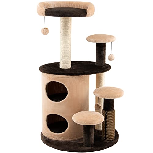 PETSITE Katzenbaum für Indoor-Katzen, mehrstufiger Katzenturm mit 2 Höhlen, Kratzbäumen & Selbstpflege, moderner Katzenbaum für große Katzen, 9 kg, strapazierfähig, Braun von PETSITE