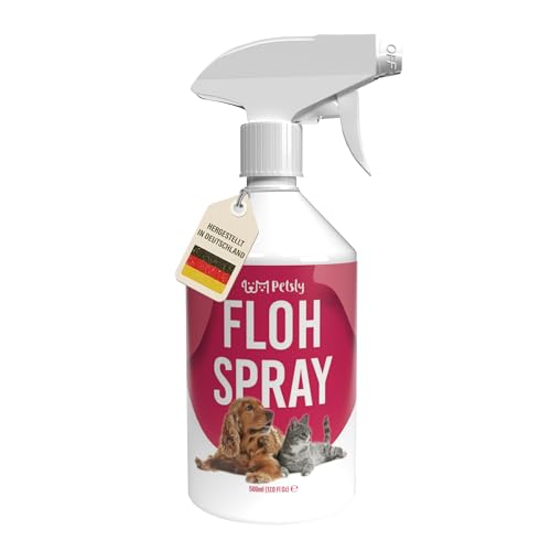 Petsly® Flohmittel Katzen, Hunde & Textilien - 500ml - Nicht färbend - Flohspray für Wohnung und Möbel - Langzeitschutz - mit natürlichen ätherischen Ölen wie Citronella- & Geraniol-Öl von Petsly