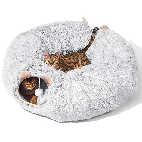 PETSTA Katzentunnel mit Katzenbett für Indoor-Katzen, zusammenklappbare Plüsch-Katzenhöhle mit flauschigem Spielzeugball, multifunktionales Katzenspielzeug für kleine, mittelgroße große Katze, Welpen, von PETSTA