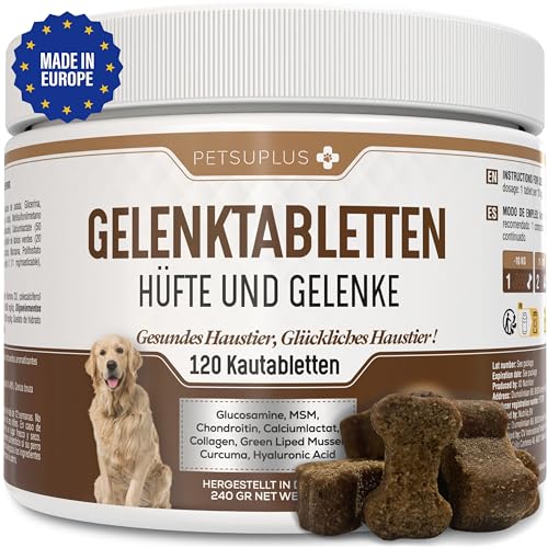 PETSUPLUS Hunde-Gelenktabletten, 120 Kautabletten, Hunde Gelenk Supplement Tabletten, Glucosamin Grünlippmuschel MSM Chondroitin Kollagen Hyaluronsäure, stärkt Gelenke, wirkt entzündungshemmend von PETSUPLUS