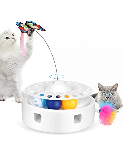 PETTOM 3 in 1 Katzenspielzeug Elektrisch, Mute Interaktives Katzenspielzeug mit Federn & Ballübungs Katzenspielzeug & Rotierender Schmetterling, Selbstbeschäftigung Katzen-Teaser-Spielzeug für Katzen von PETTOM