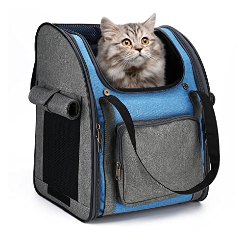 PETTOM Haustier Rucksack Haustiertragetasche Oxford Material Rucksack für Hund und Katzen, Verstellbarer und Faltbar Airline Genehmigt Hunde rucksack für das Reisen und draussen (Grau Blau 40*34*26cm) von PETTOM