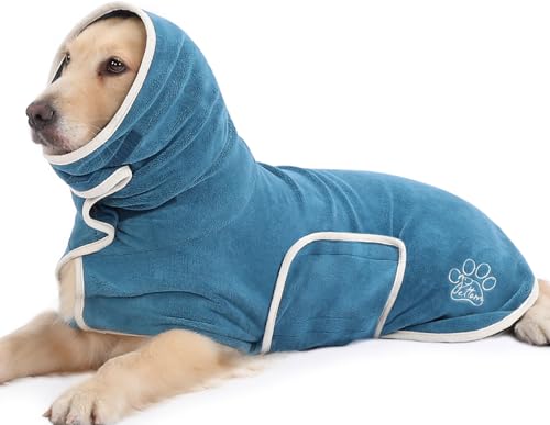 PETTOM Hundebademantel, Bademantel Hund mit Hohem Kragen, Hundebademantel für Große Hunde, Hunde Bademantel Extra Saugfähig mit Klettverschluss (Blau, XL) von PETTOM