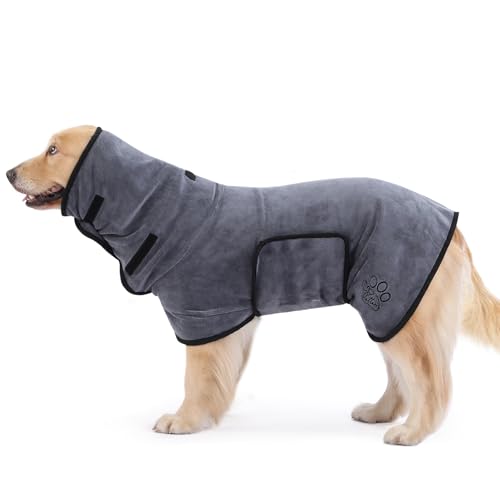 PETTOM Hundebademantel, Bademantel Hund mit Hohem Kragen, Hundebademantel für Große Hunde, Hunde Bademantel Extra Saugfähig mit Klettverschluss (Grau, XL) von PETTOM