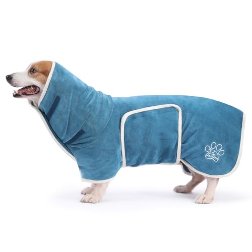 PETTOM Hundebademantel Mikrofaser, Bademantel Hund Extra Saugfähig und Schnelltrocknend, Hunde-Bademantel für Kleine Hunde mit Klettverschluss und Hohem Kragen (Blau, XS) von PETTOM