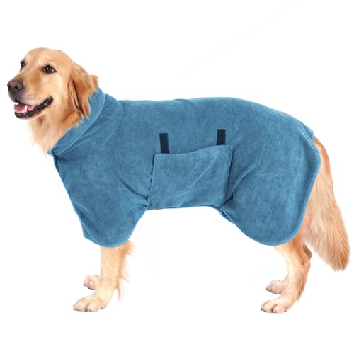 PETTOM Hundebademantel Mikrofaser Schnelltrockend, Bademantel Hund Baumwolle Super Saugfähig, Bademantel für Große Mittelgroße und Kleine Hunde (XL, Blau) von PETTOM