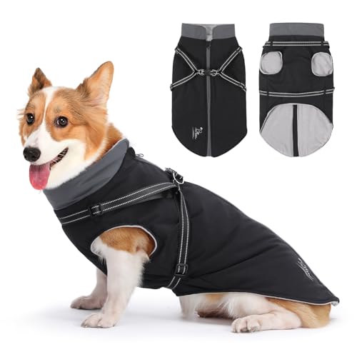 PETTOM Hundemantel Wasserdicht, Hundejacke mit Geschirr, Hundemantel Winter Warm, Wintermantel Hund Winterjacke, Hundemantel Fleece für Große Mittelgroße Hunde (Schwarz, 2XL-Rückenlänge 50cm) von PETTOM