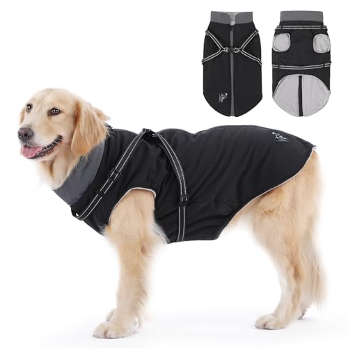 PETTOM Hundemantel Wasserdicht, Hundejacke mit Geschirr, Hundemantel Winter Warm Reflektierend, Wintermantel Hund Winterjacke, Hundemantel Fleece Grosse Hunde (Schwarz, 4XL-Rückenlänge 60cm) von PETTOM