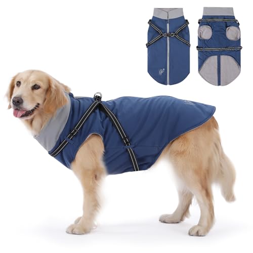 PETTOM Hundemantel Wasserdicht, Hundejacke mit Geschirr, Hundemantel Winter Warm Reflektierend, Wintermantel Hund Winterjacke, Hundemantel Fleece Grosse Hunde (Blau, 4XL-Rückenlänge 60cm) von PETTOM