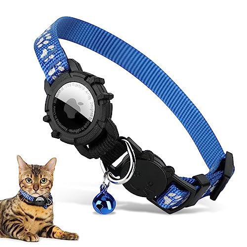 PETTOM Katzenhalsband Airtag, Integriertes Airtag Halsband Katze mit Schnellverschluss für Erwachsene Katzen, Verstellbares Halsband mit AirTag Halter und Glocke (25-38cm, Blau) von PETTOM