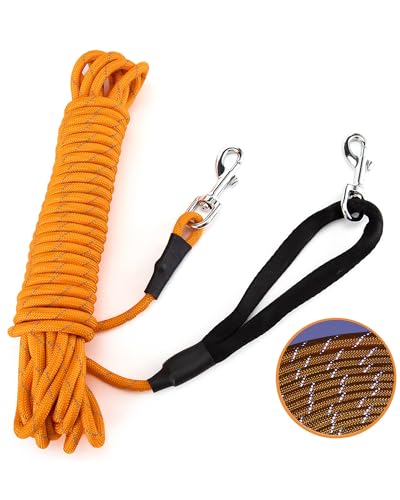 PETTOM Reflektierend Schleppleine für Hunde, 3m/5m/10m/15m/20m Seil Hundeleine Trainingsleine mit Handschlaufe & 2 Karabinerhaken, Langes Ausbildungsleine für kleine, mittelgroße Hunde (Orange, 15m) von PETTOM