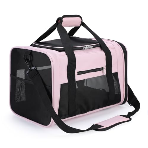 PETTOM Transportbox für Hunde und Katzen 43x28x28 cm, Faltbar, Wasserdicht, mit Schultergurt, Weich Gepolstert, für Reisen im Flugzeug, Auto oder Zug, für Haustiere, Rosa von PETTOM