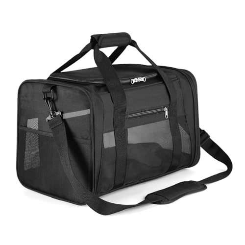 PETTOM Transportbox für Hunde und Katzen 43x28x28 cm, Faltbar, Wasserdicht, mit Schultergurt, Weich Gepolstert, für Reisen im Flugzeug, Auto oder Zug, für Haustiere, Schwarz von PETTOM