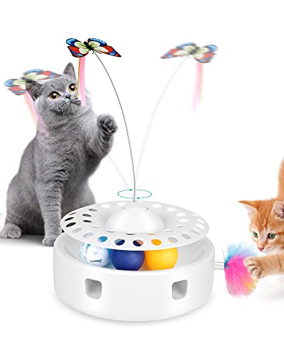 PETTOM Interaktives Katzenspielzeug 3 in 1 Ballübungs Katzenspielzeug Feder Kitten Toy Elektrisch Rotierender Schmetterling Kätzchenspielzeug Katzen Teaser Automatisches Spielzeug für Katzen von PETTOM