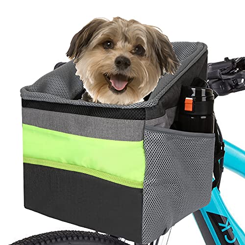 PETTYOLL Sicherheits-Fahrradkorb für kleine Hunde, Oxford-Vorderradkorb mit herausnehmbarem Innenpolster, mehrere Aufbewahrungstaschen, ideal für kleine Haustiere (Traglast: 5 kg, grau) von PETTYOLL