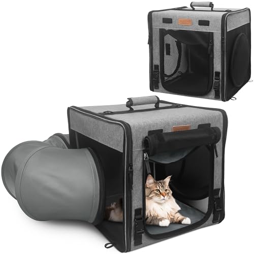 PETUX Katzentragetasche mit kleiner Box, verschiedene DIY-Methoden große Katzentragetasche, Katzentrage weich mit Tunnelrohr, mit Flanellkissen, Hängematte, tragbare Tragetasche (Grau) von PETUX