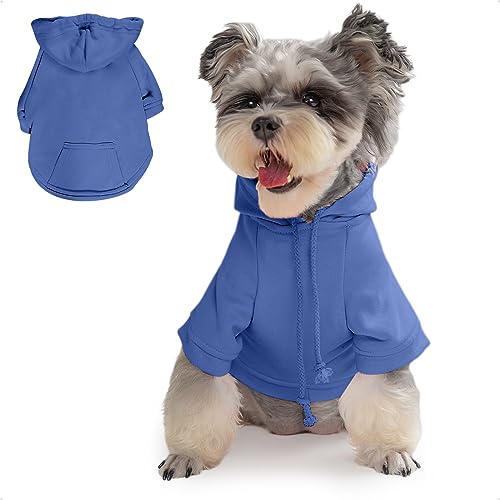 PETWIT Hunde-Kapuzenpullover für kleine Hunde, Mädchen, Jungen, Hunde-Sweatshirt, Kleidung mit Kapuze und Taschen für Hunde (blauer Hunde-Kapuzenpullover, Größe XS) von PETWIT