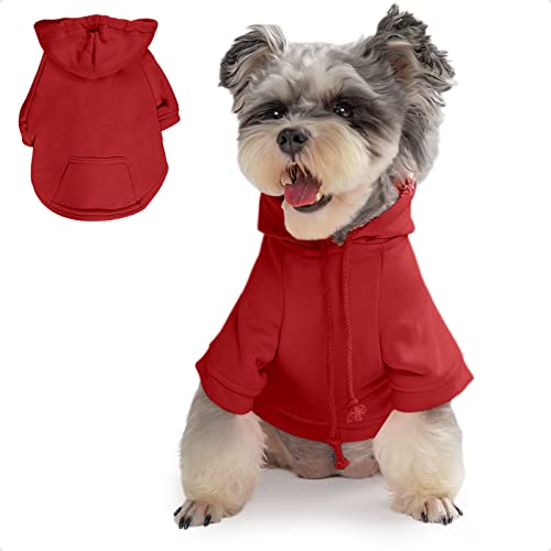 PETWIT Hunde-Kapuzenpullover für kleine Hunde, Mädchen, Jungen, Hunde-Sweatshirt, Kleidung mit Kapuze und Taschen für Hunde (roter Hunde-Kapuzenpullover, Größe L) von PETWIT