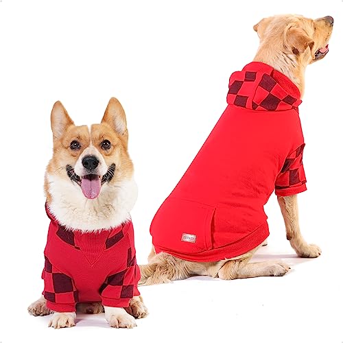 PETWIT Karierte Hunde-Kapuzenpullover für große, mittelgroße Hunde, Hunde-Sweatshirts Kleidung mit Loch für die Leine, Bulldogge, Pitbull, Kleidung, Mantel (roter Hunde-Kapuzenpullover, 3XL) von PETWIT