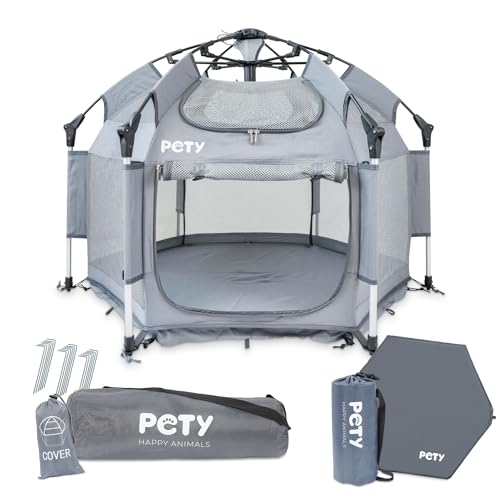 PETY Laufstall Set für Hunde - 110 x 80 cm mobiles Hundezelt mit Tragetasche, UV-Dach und Bodenmatte - Outdoor und Indoor Tiergehege - Hunde Reisezubehör für Camping – Anthrazit von PETY